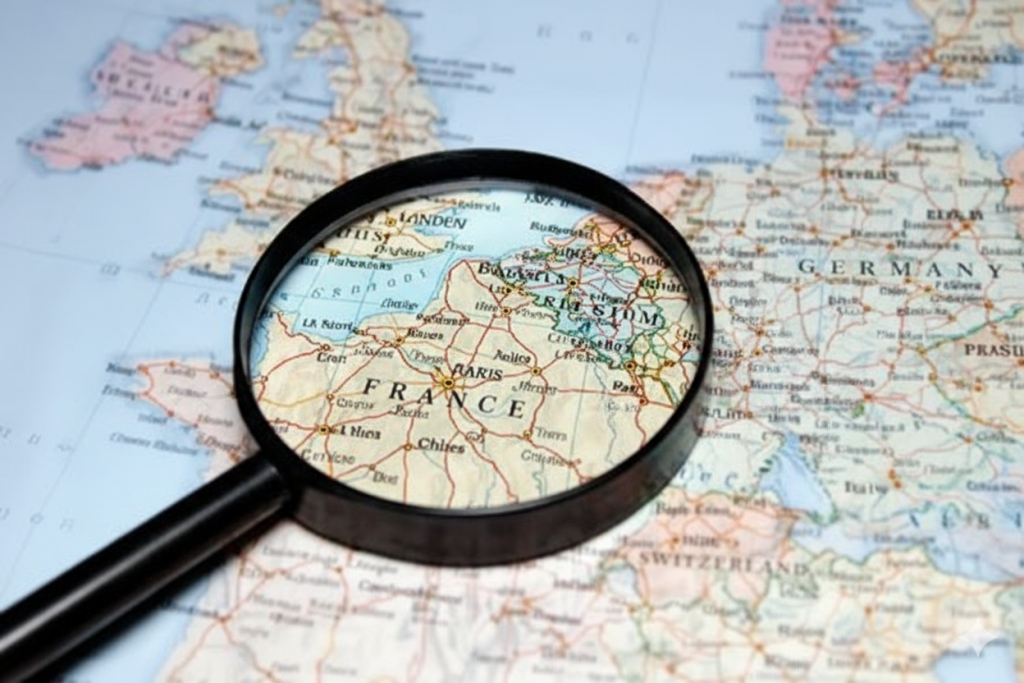 Carte de France sous loupe illustrant le ciblage géographique pour le référencement PME